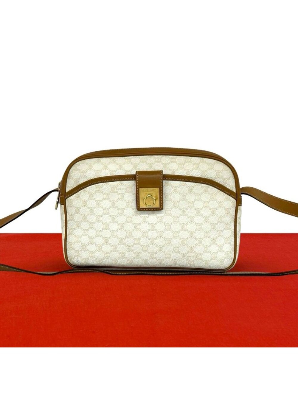Celine Vintage Logo Ring Macadam Pattern Leather Shoulder Bag Pochette White